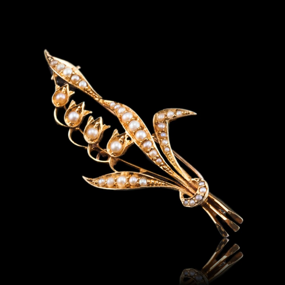 Antique Edwardian Floral Brooch 15ct Gold Seed Pearl Lily of the Valley Design - c.1910 View XVII