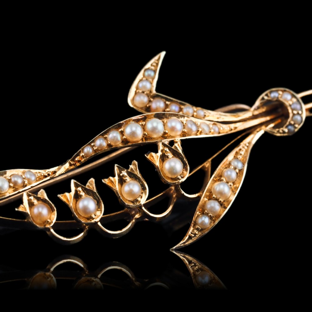 Antique Edwardian Floral Brooch 15ct Gold Seed Pearl Lily of the Valley Design - c.1910 View XX