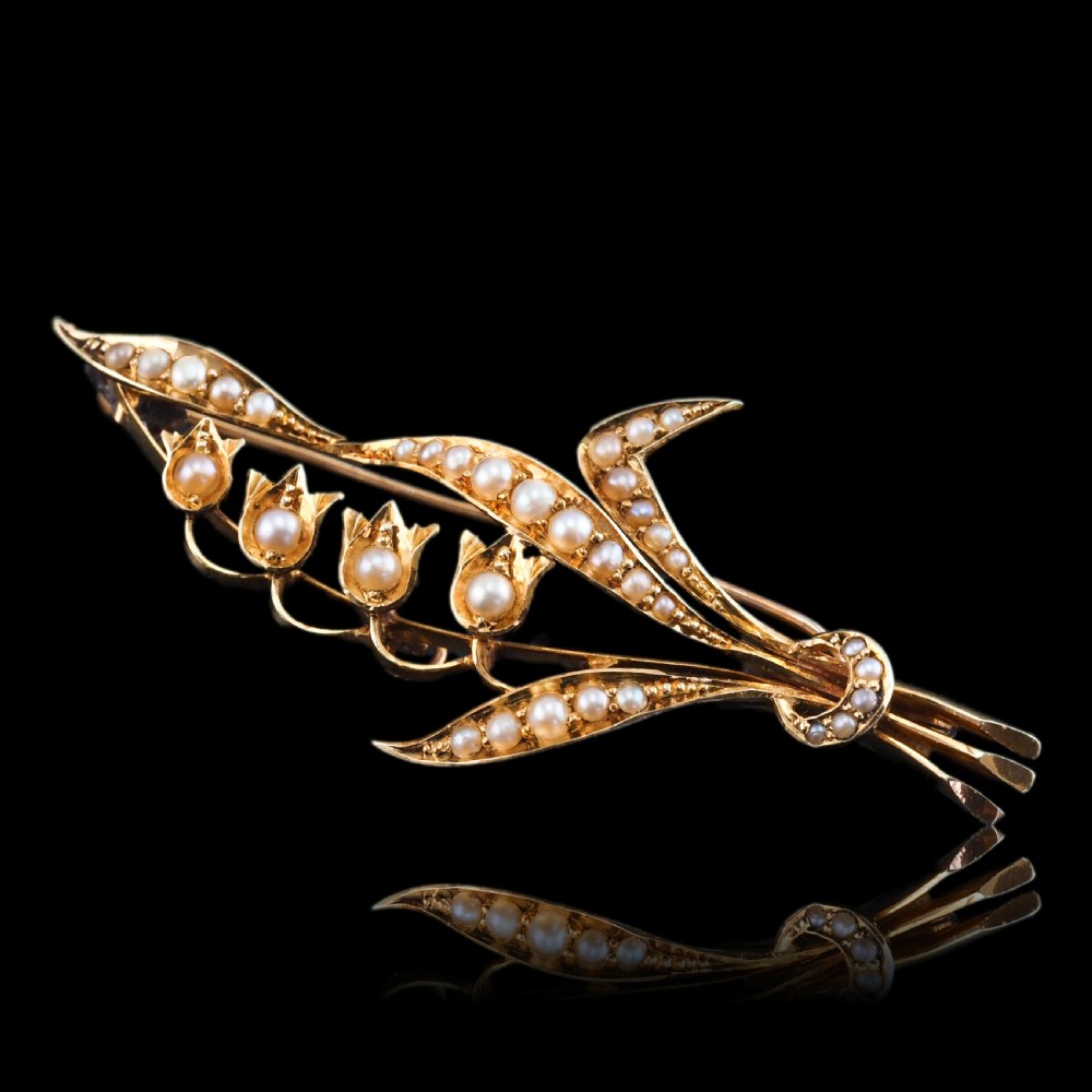 Antique Edwardian Floral Brooch 15ct Gold Seed Pearl Lily of the Valley Design - c.1910 View XXI