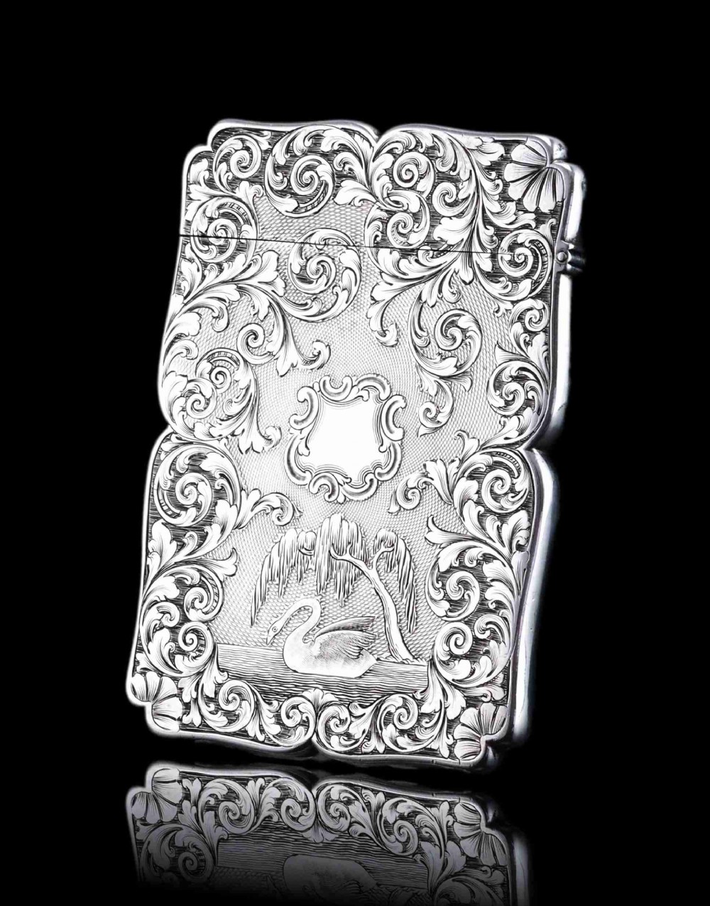 Antique Victorian Sterling Silver Card Case with Swan, Pheasants & Acanthus Engravings - Nathaniel Mills 1839