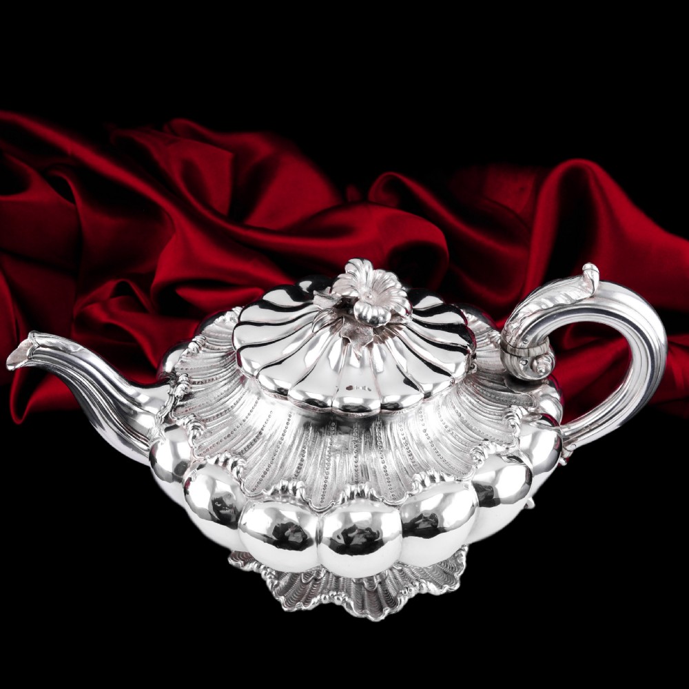 Antique Georgian Solid Silver Teapot 'Melon Shape' Sea Spume and Acanthus - Barnards 1830