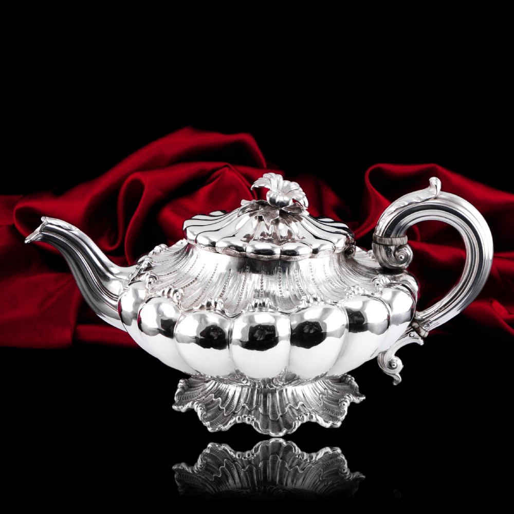 Antique Georgian Solid Silver Teapot 'Melon Shape' Sea Spume and Acanthus - Barnards 1830 View V