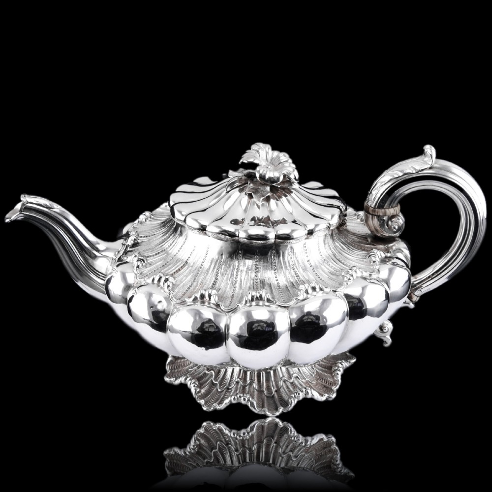 Antique Georgian Solid Silver Teapot 'Melon Shape' Sea Spume and Acanthus - Barnards 1830 View X