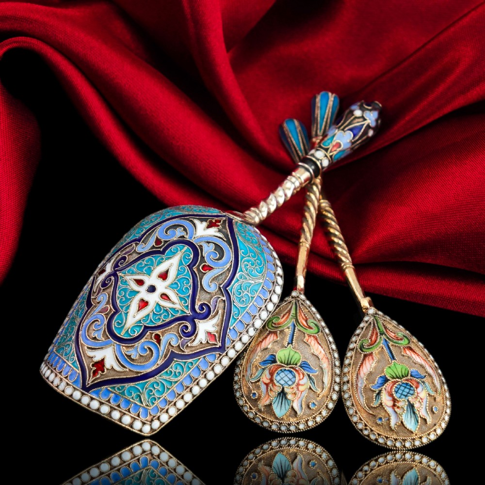 Antique Imperial Russian Solid Silver Pair of Spoons Cloisonne Enamel Flower Motif - Moscow c.1910 Vasily Agafonov View II