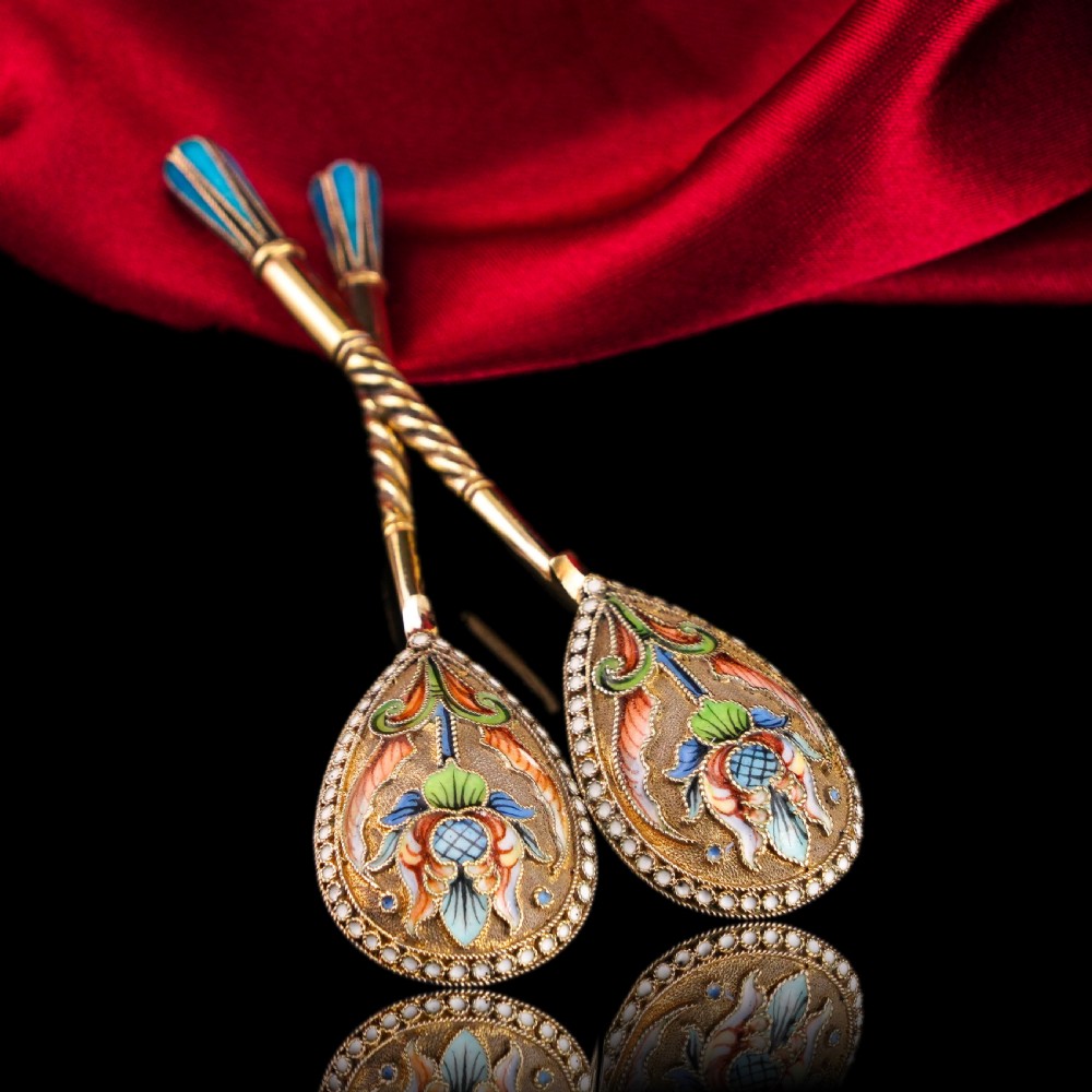 Antique Imperial Russian Solid Silver Pair of Spoons Cloisonne Enamel Flower Motif - Moscow c.1910 Vasily Agafonov View VII