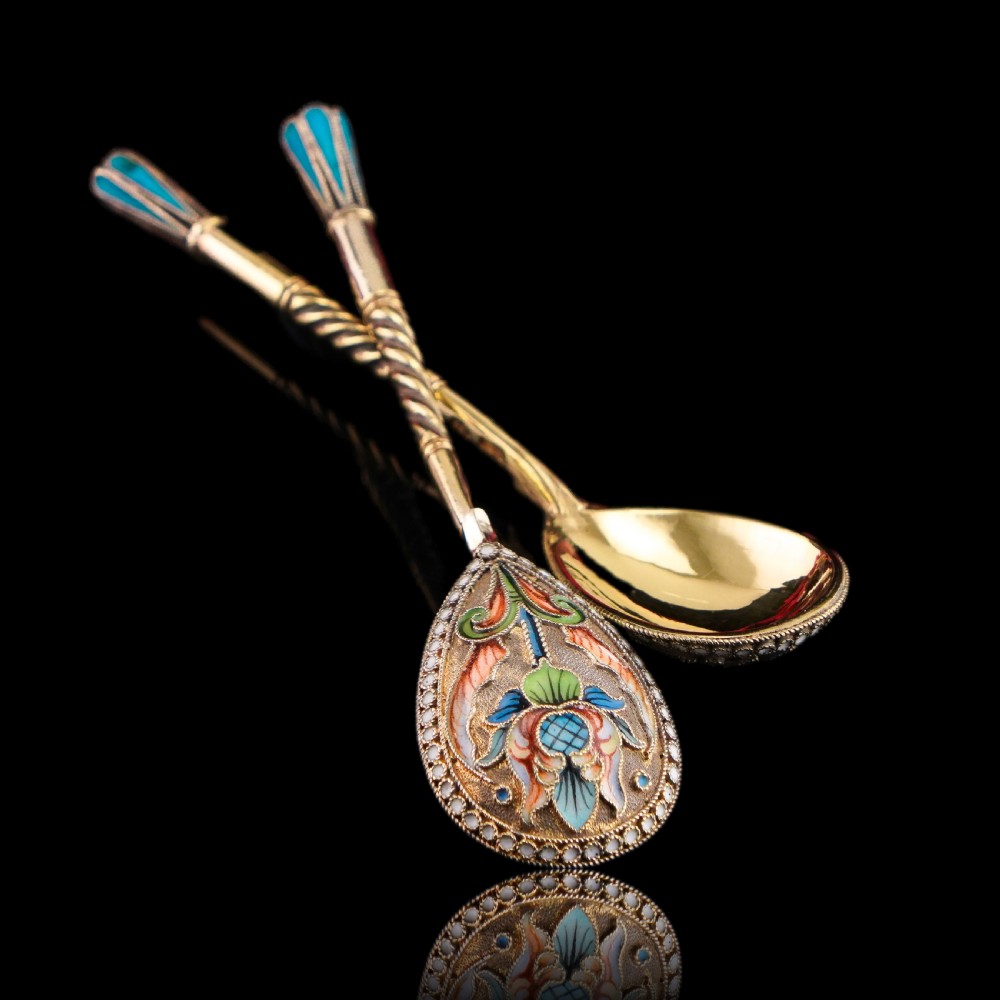 Antique Imperial Russian Solid Silver Pair of Spoons Cloisonne Enamel Flower Motif - Moscow c.1910 Vasily Agafonov View IX