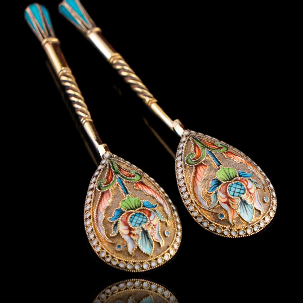 Antique Imperial Russian Solid Silver Pair of Spoons Cloisonne Enamel Flower Motif - Moscow c.1910 Vasily Agafonov View X