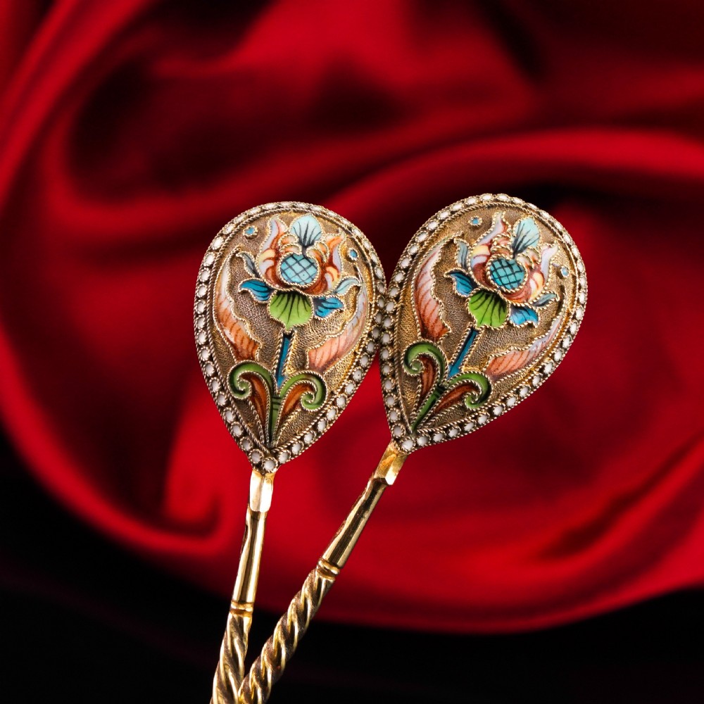 Antique Imperial Russian Solid Silver Pair of Spoons Cloisonne Enamel Flower Motif - Moscow c.1910 Vasily Agafonov View XI