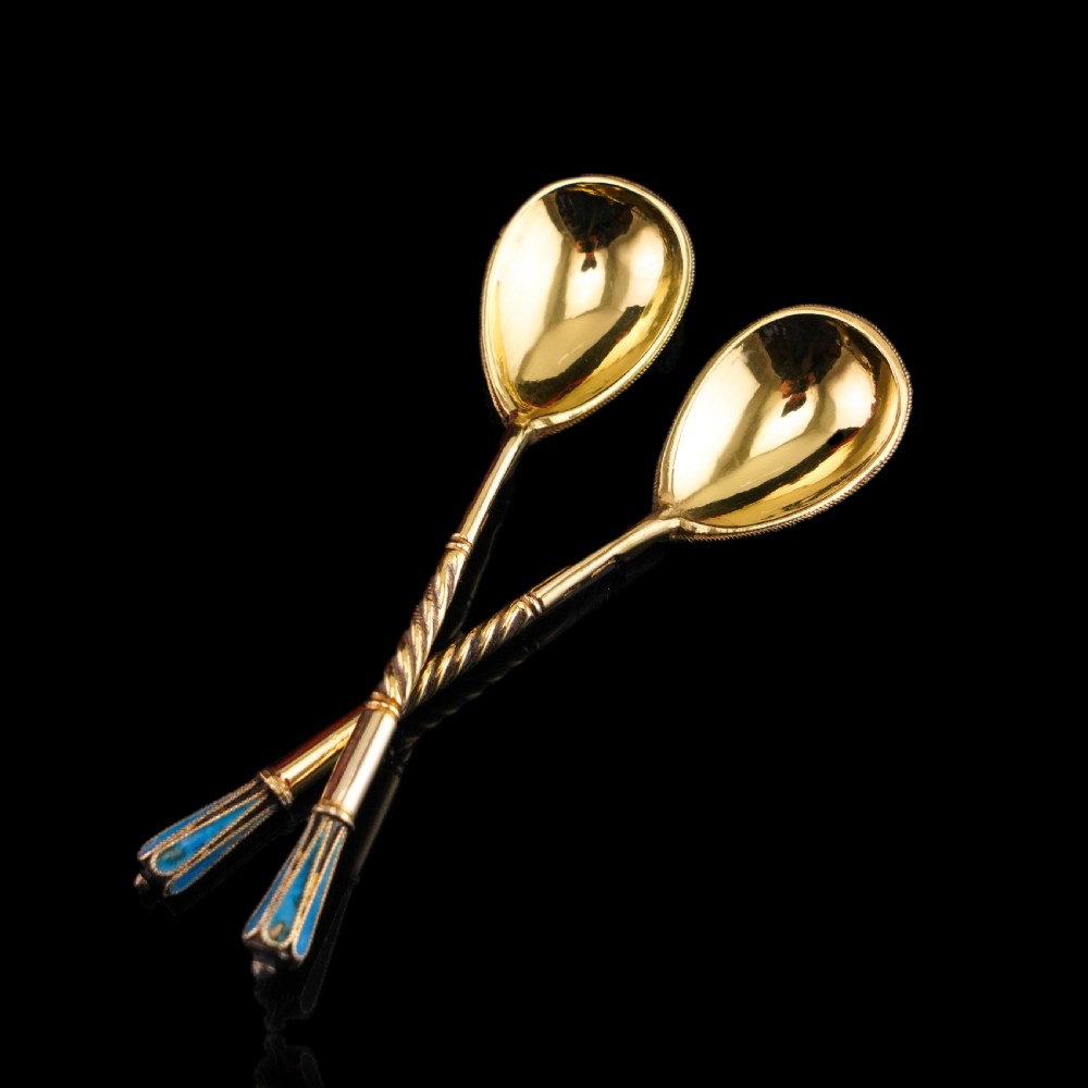 Antique Imperial Russian Solid Silver Pair of Spoons Cloisonne Enamel Flower Motif - Moscow c.1910 Vasily Agafonov View XII