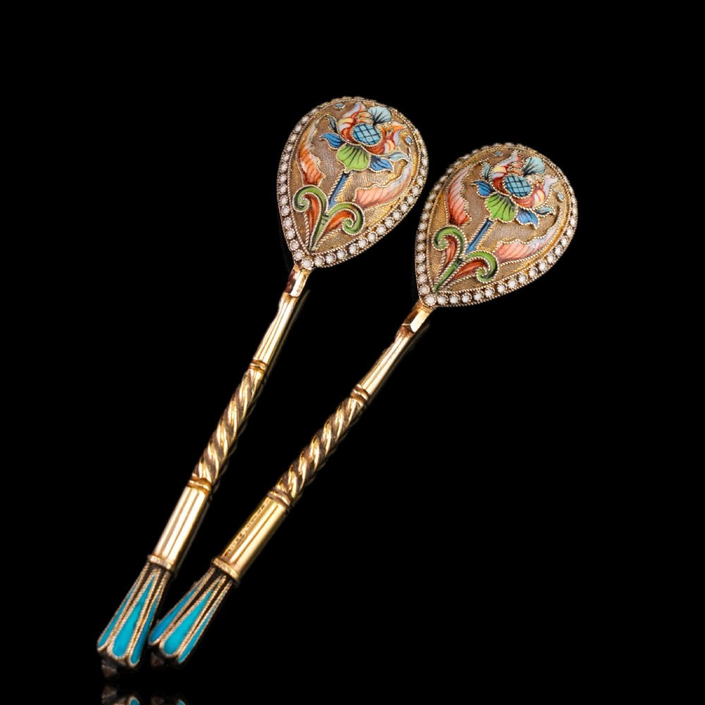 Antique Imperial Russian Solid Silver Pair of Spoons Cloisonne Enamel Flower Motif - Moscow c.1910 Vasily Agafonov View XIII