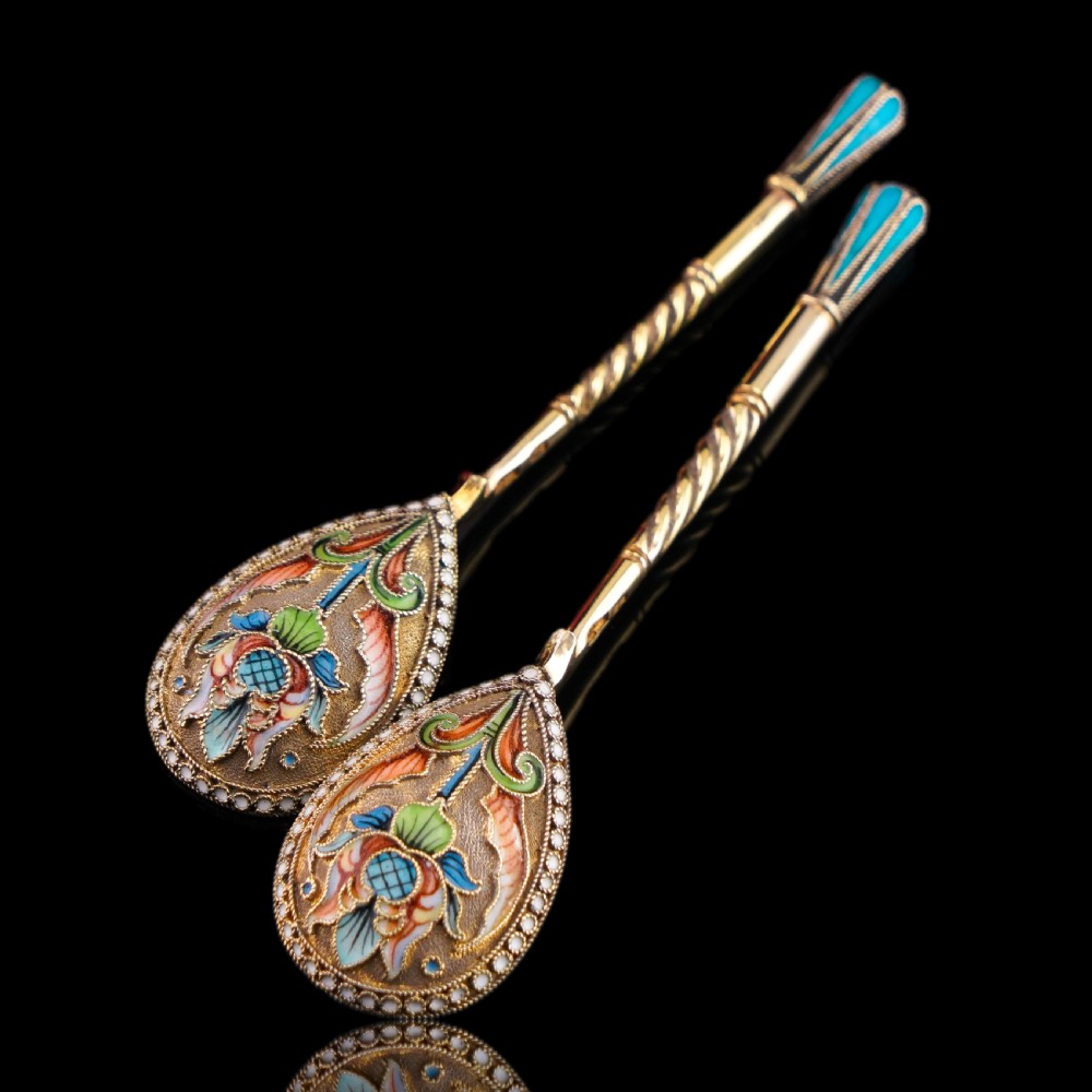 Antique Imperial Russian Solid Silver Pair of Spoons Cloisonne Enamel Flower Motif - Moscow c.1910 Vasily Agafonov View XIV