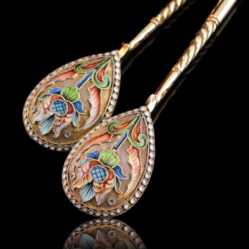 Antique Imperial Russian Solid Silver Pair of Spoons Cloisonne Enamel Flower Motif - Moscow c.1910 Vasily Agafonov View XV