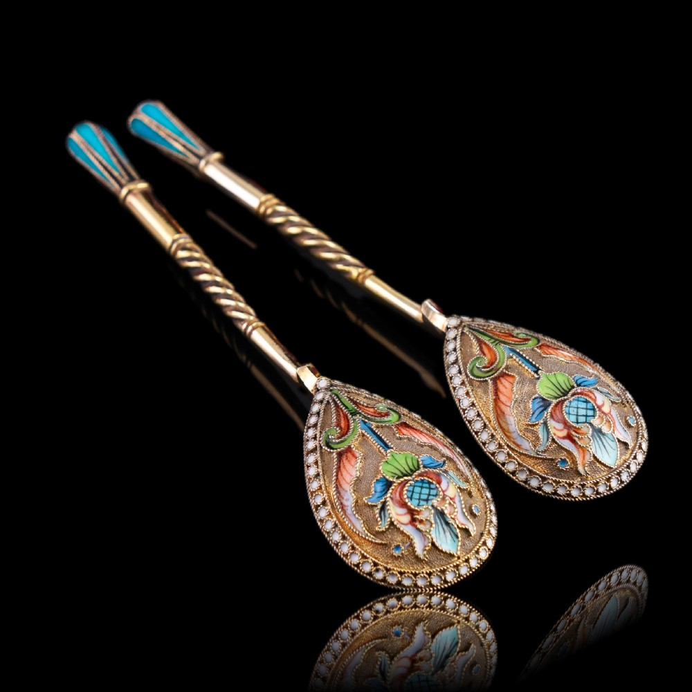 Antique Imperial Russian Solid Silver Pair of Spoons Cloisonne Enamel Flower Motif - Moscow c.1910 Vasily Agafonov View XVI