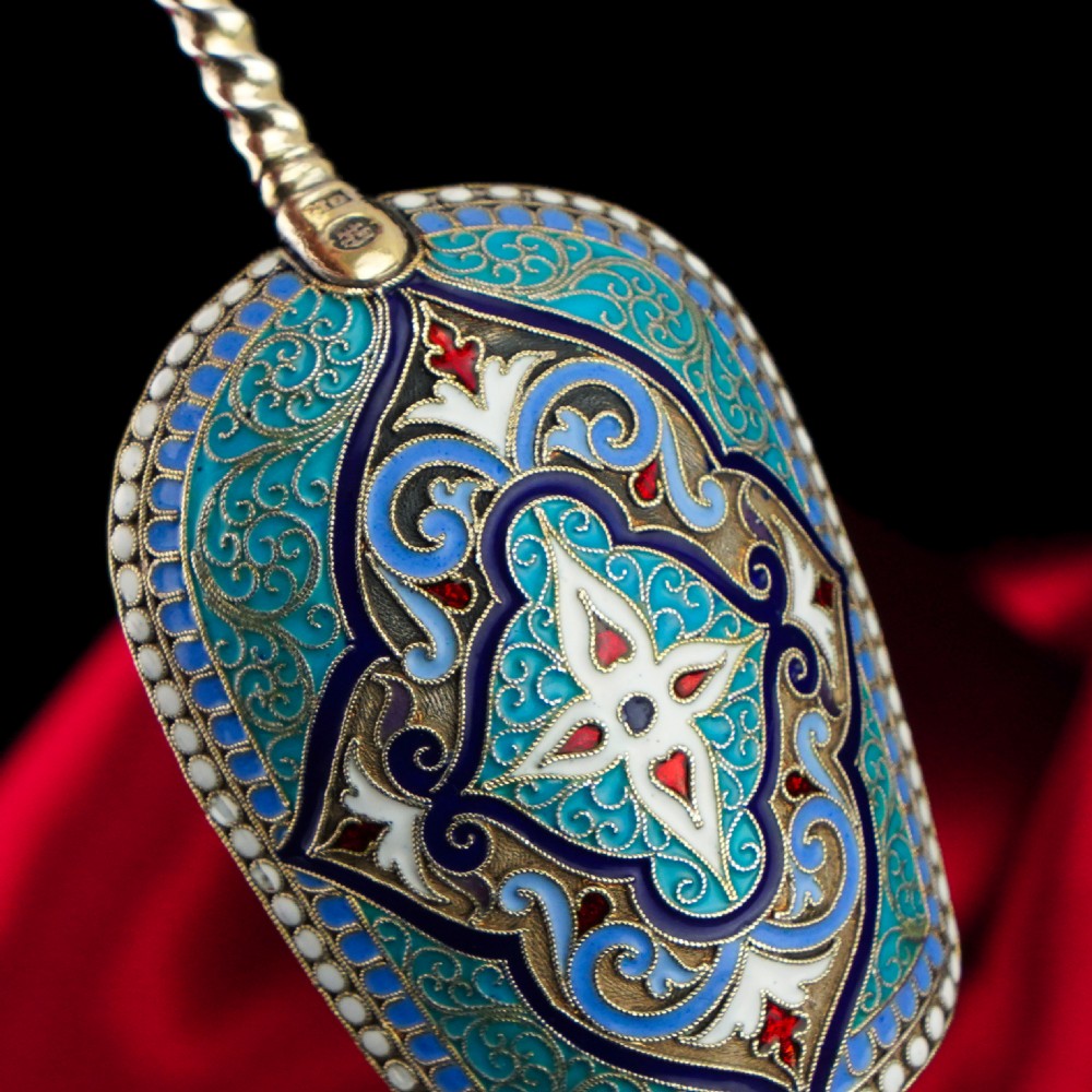 Antique Imperial Russian Solid Silver Caddy Spoon Cloisonne Enamel - Gustav Klingert 1891 View VII