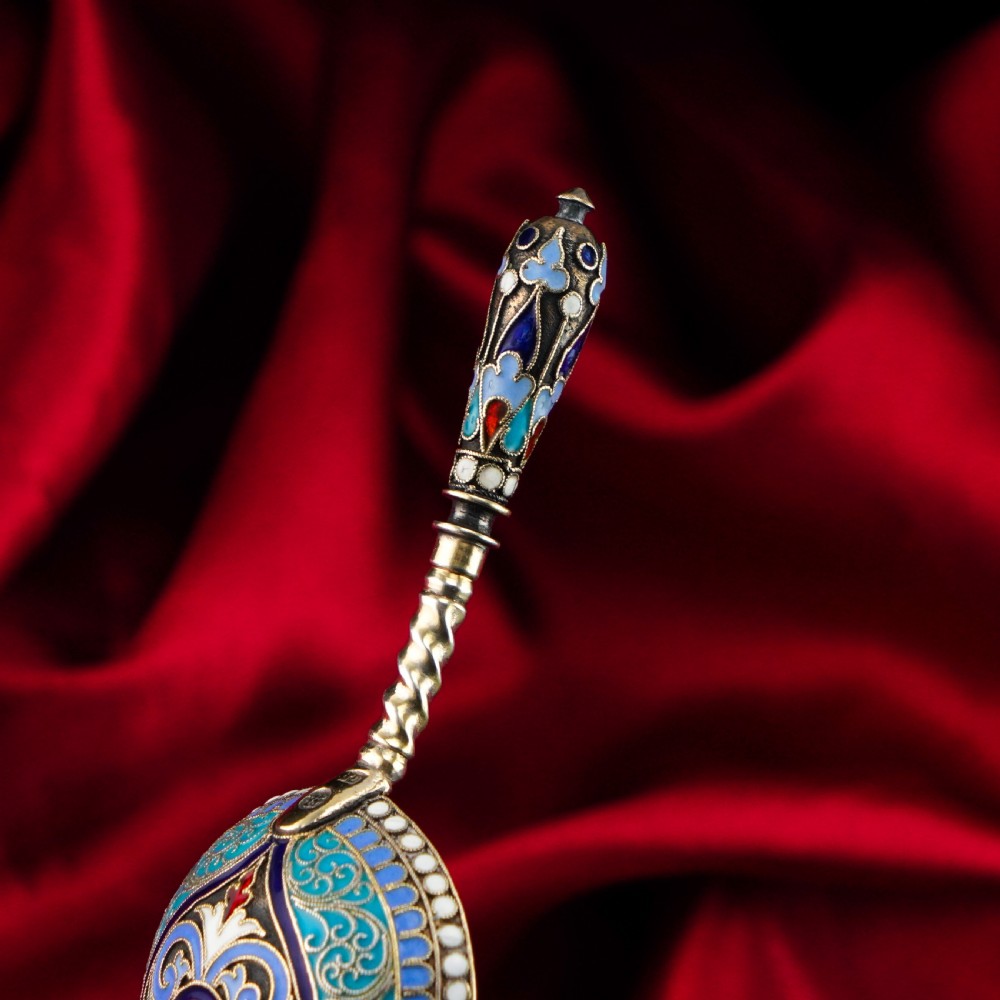 Antique Imperial Russian Solid Silver Caddy Spoon Cloisonne Enamel - Gustav Klingert 1891 View VIII