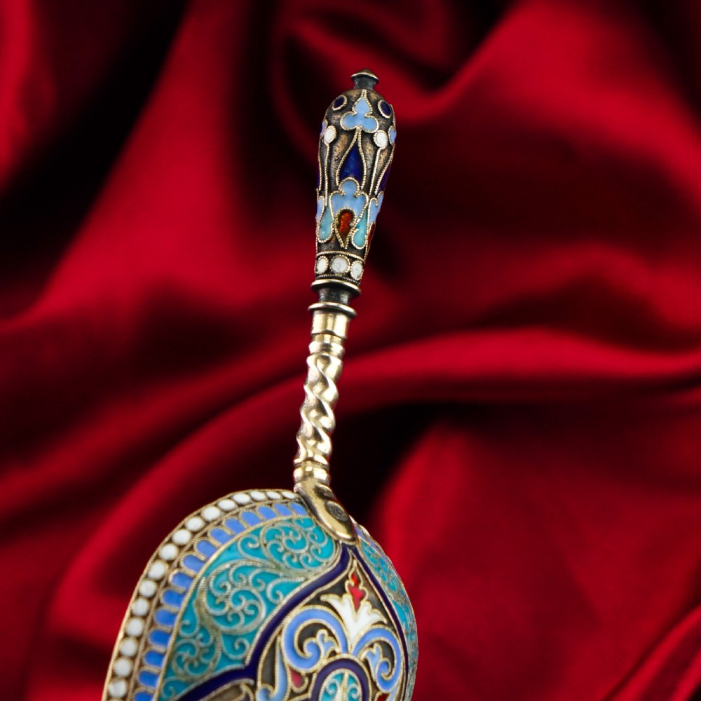 Antique Imperial Russian Solid Silver Caddy Spoon Cloisonne Enamel - Gustav Klingert 1891 View IX