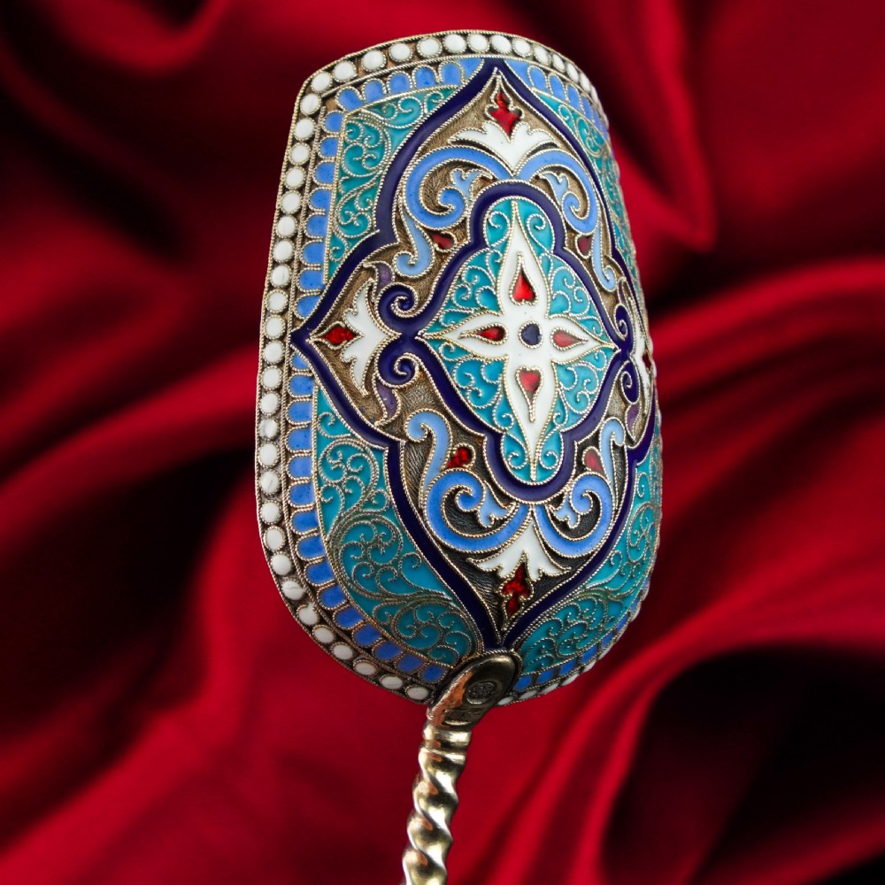 Antique Imperial Russian Solid Silver Caddy Spoon Cloisonne Enamel - Gustav Klingert 1891 View XI