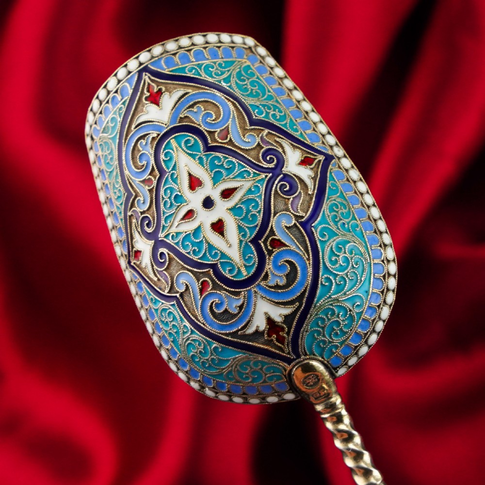 Antique Imperial Russian Solid Silver Caddy Spoon Cloisonne Enamel - Gustav Klingert 1891 View XII
