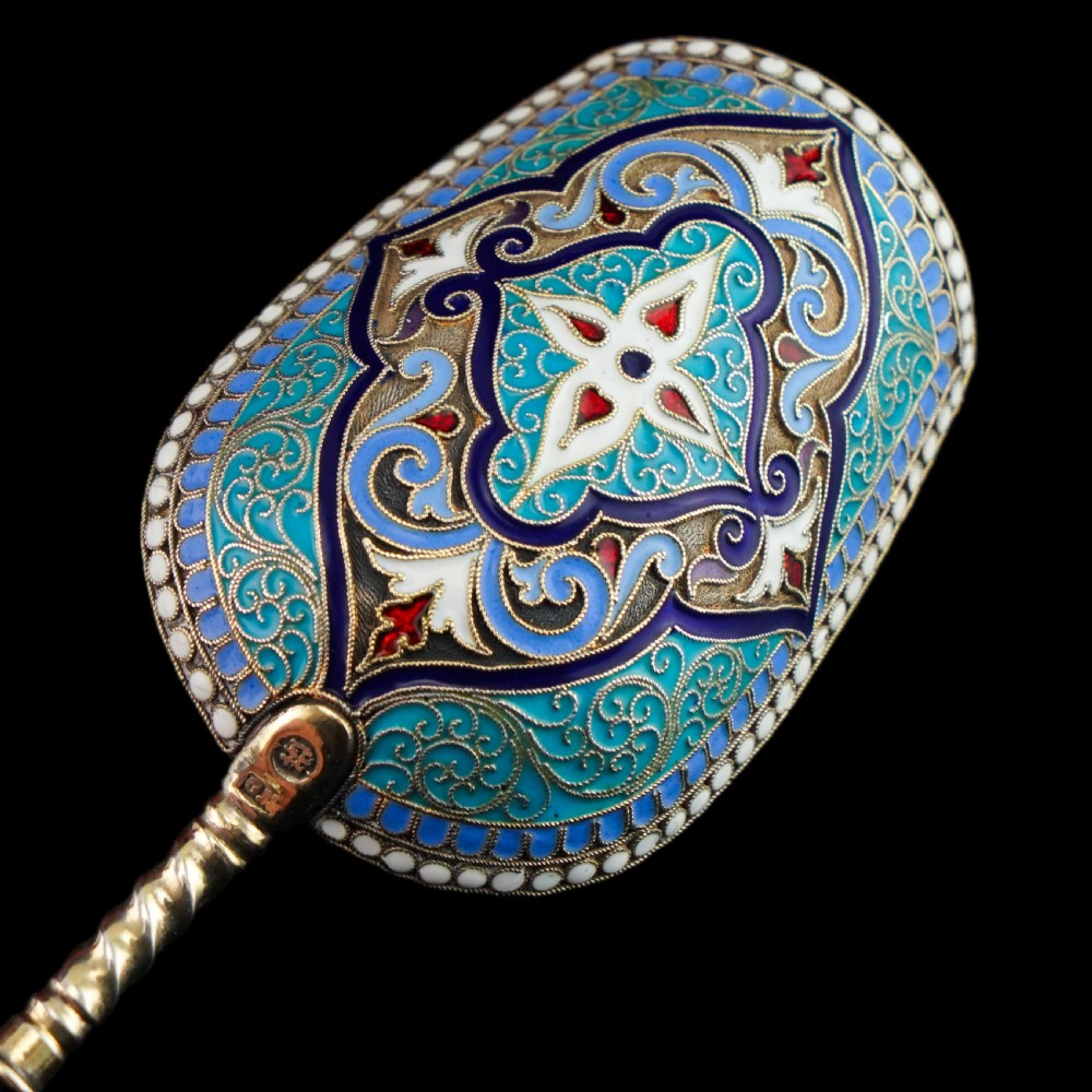 Antique Imperial Russian Solid Silver Caddy Spoon Cloisonne Enamel - Gustav Klingert 1891 View XIII