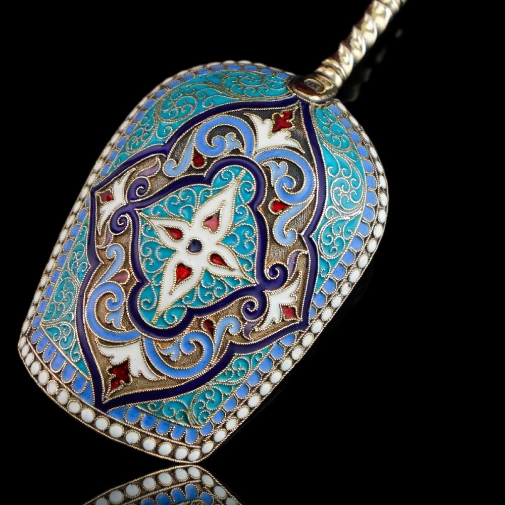 Antique Imperial Russian Solid Silver Caddy Spoon Cloisonne Enamel - Gustav Klingert 1891 View XIV