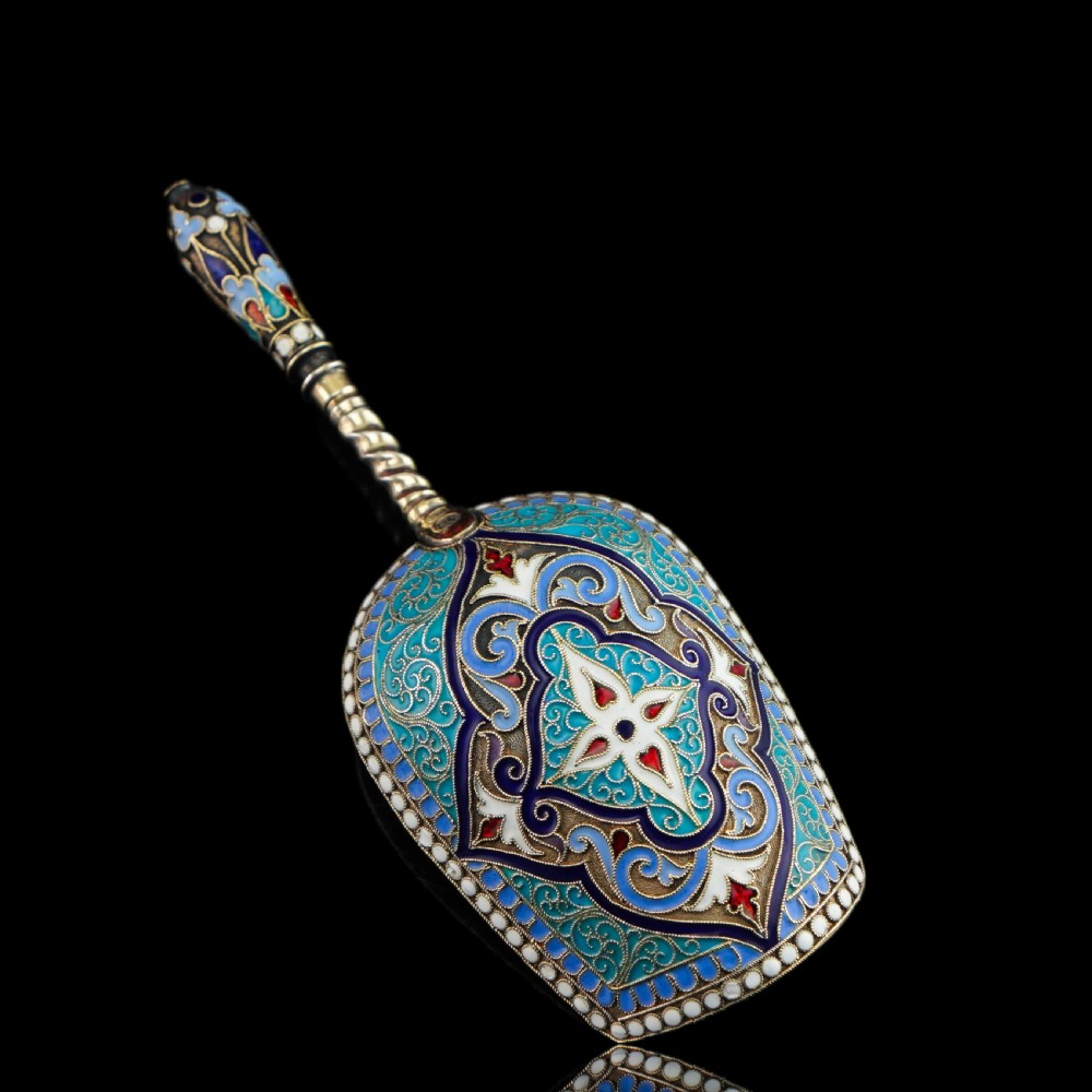Antique Imperial Russian Solid Silver Caddy Spoon Cloisonne Enamel - Gustav Klingert 1891 View XV