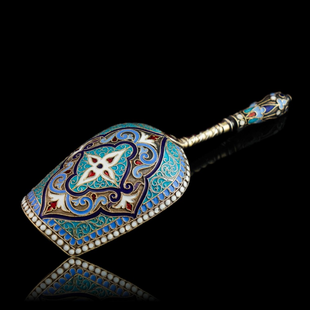 Antique Imperial Russian Solid Silver Caddy Spoon Cloisonne Enamel - Gustav Klingert 1891 View XVI