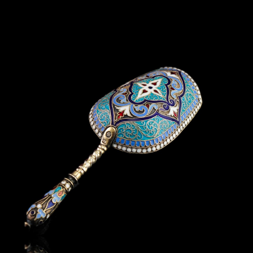 Antique Imperial Russian Solid Silver Caddy Spoon Cloisonne Enamel - Gustav Klingert 1891 View XVII
