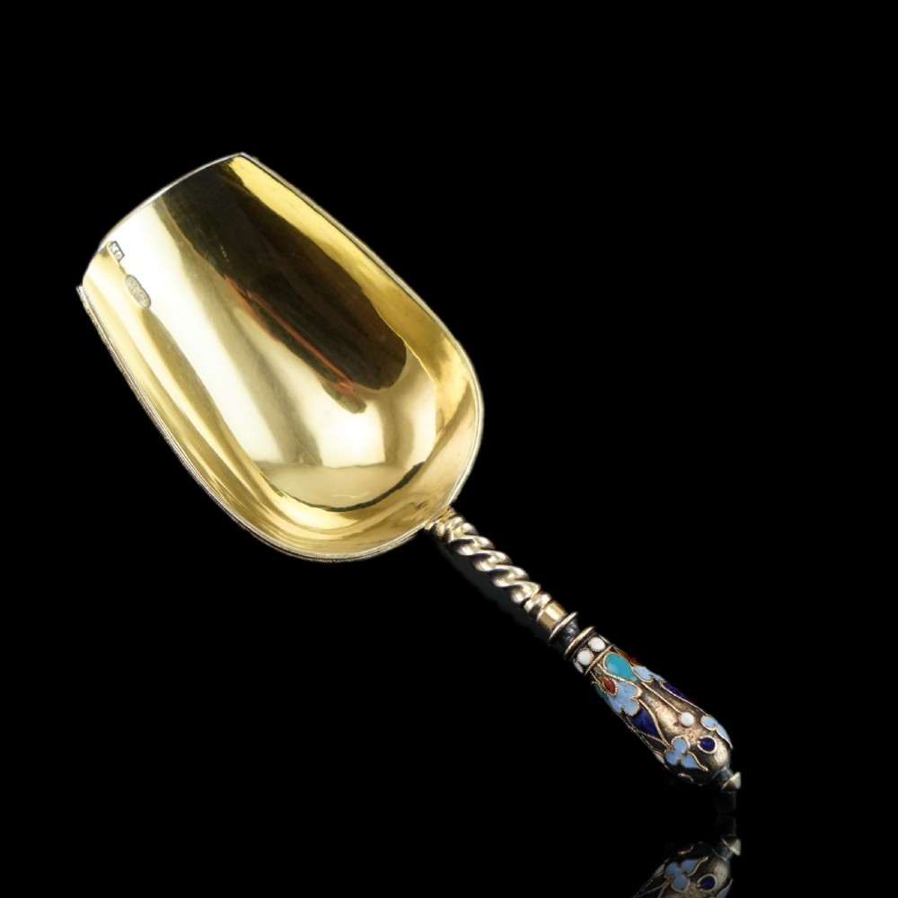 Antique Imperial Russian Solid Silver Caddy Spoon Cloisonne Enamel - Gustav Klingert 1891 View XIX