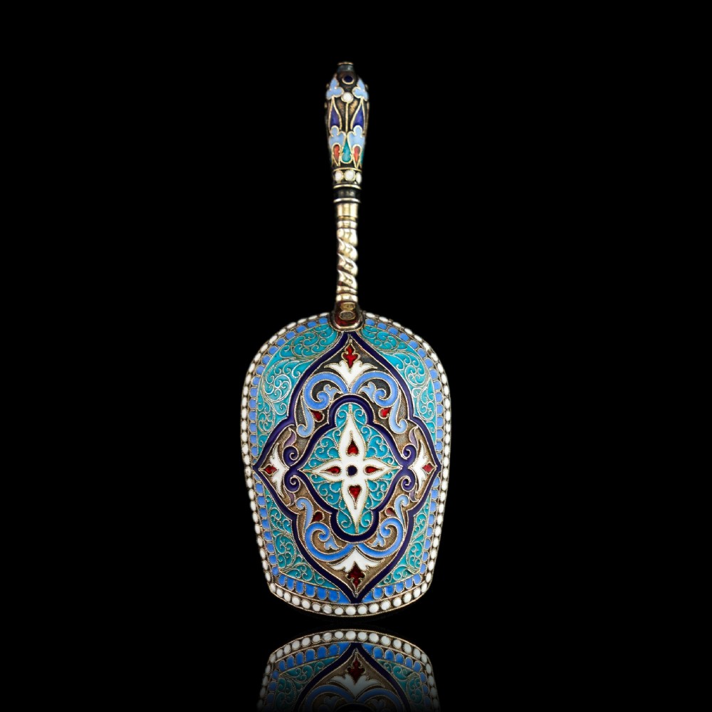 Antique Imperial Russian Solid Silver Caddy Spoon Cloisonne Enamel - Gustav Klingert 1891 View XX