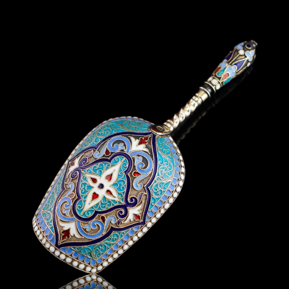 Antique Imperial Russian Solid Silver Caddy Spoon Cloisonne Enamel - Gustav Klingert 1891 View XXI