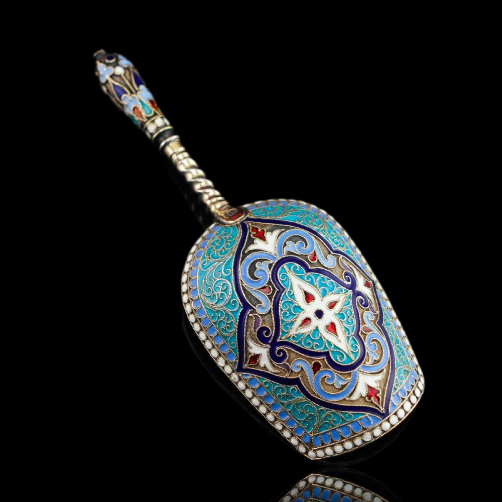 Antique Imperial Russian Solid Silver Caddy Spoon Cloisonne Enamel - Gustav Klingert 1891 View XXII