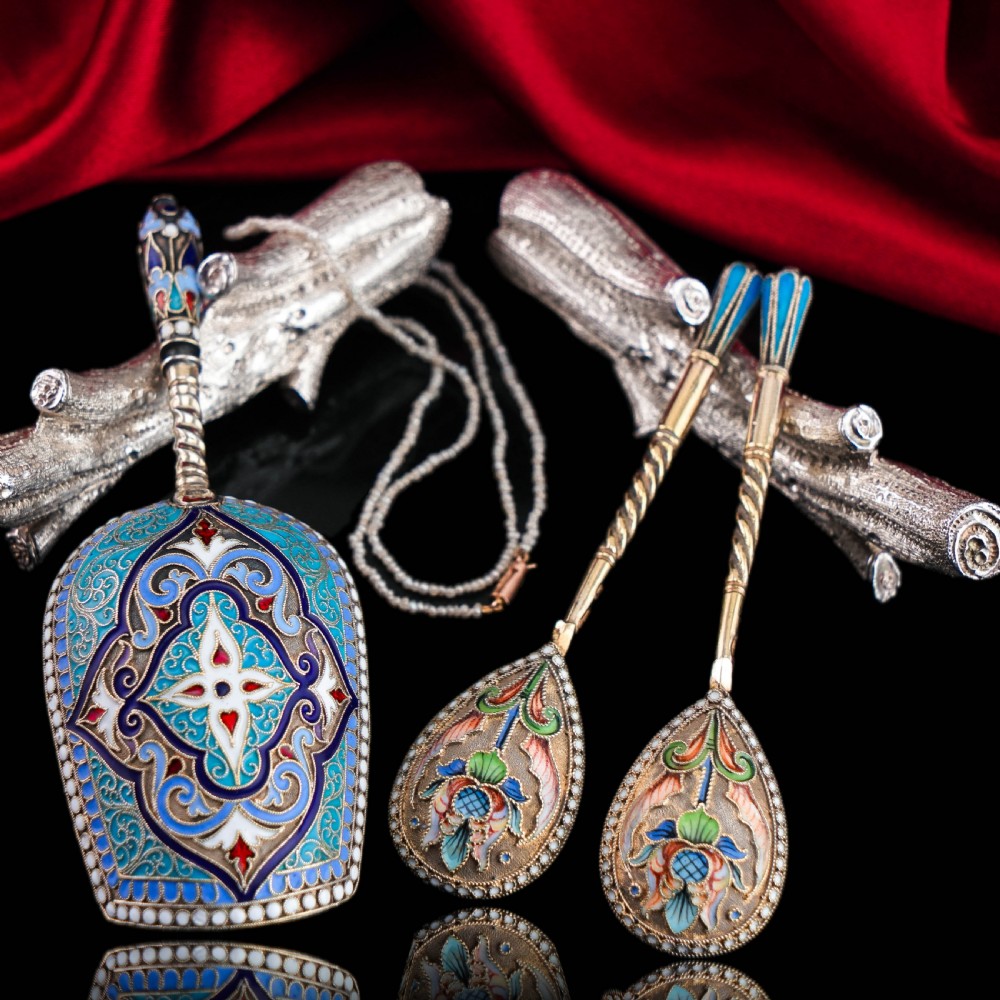 Antique Imperial Russian Solid Silver Caddy Spoon Cloisonne Enamel - Gustav Klingert 1891 View XXIII