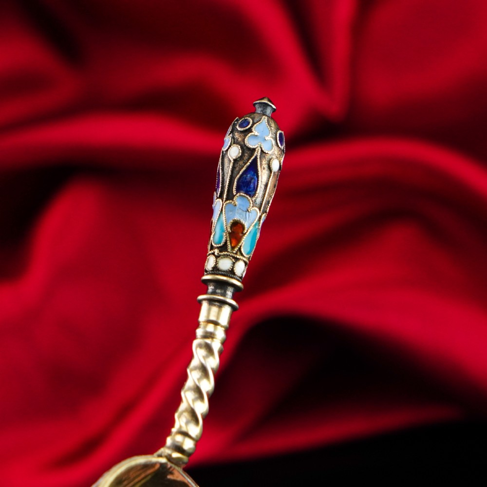 Antique Imperial Russian Solid Silver Caddy Spoon Cloisonne Enamel - Gustav Klingert 1891 View XXIV
