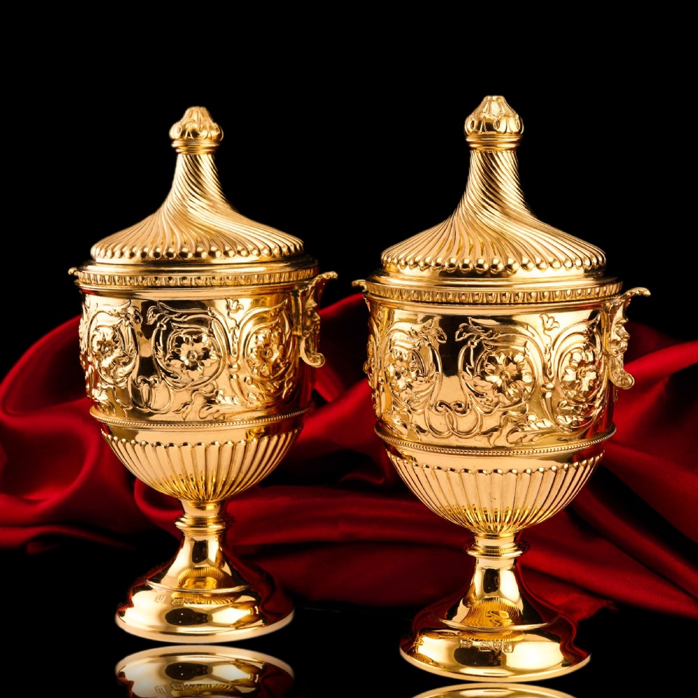 Antique Solid Silver Gilt Vase/Urn Pair with Figural Roman Classical Influences - George Nathan & Ridley Hayes 1910