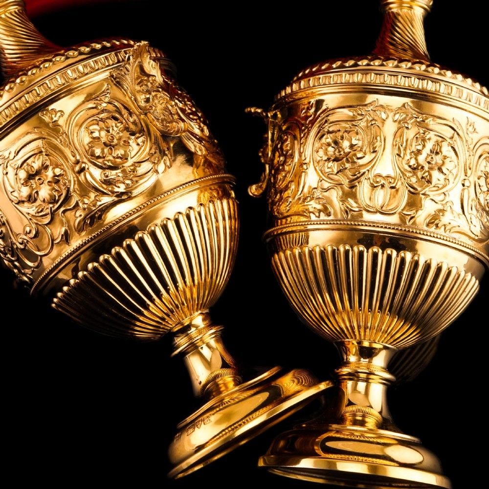 Antique Solid Silver Gilt Vase/Urn Pair with Figural Roman Classical Influences - George Nathan & Ridley Hayes 1910 View II