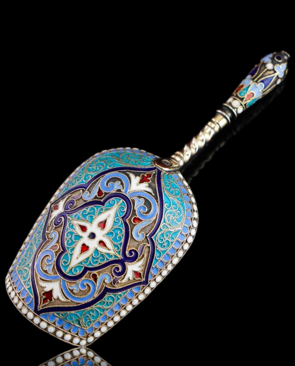 Antique Imperial Russian Solid Silver Caddy Spoon Cloisonne Enamel - Gustav Klingert 1891