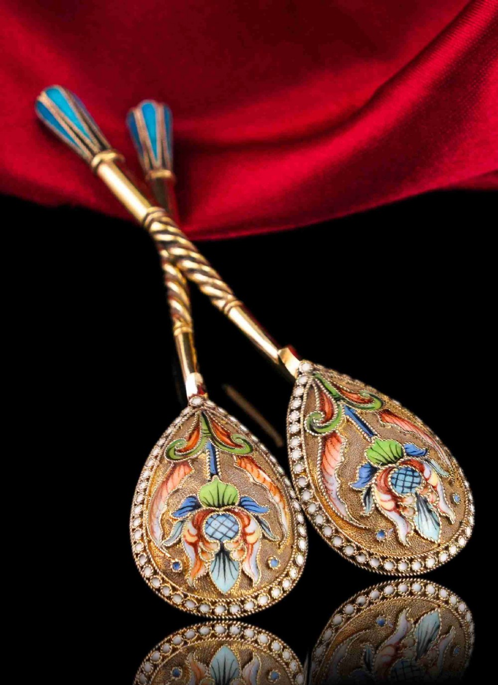 Antique Imperial Russian Solid Silver Pair of Spoons Cloisonne Enamel Flower Motif - Moscow c.1910 Vasily Agafonov