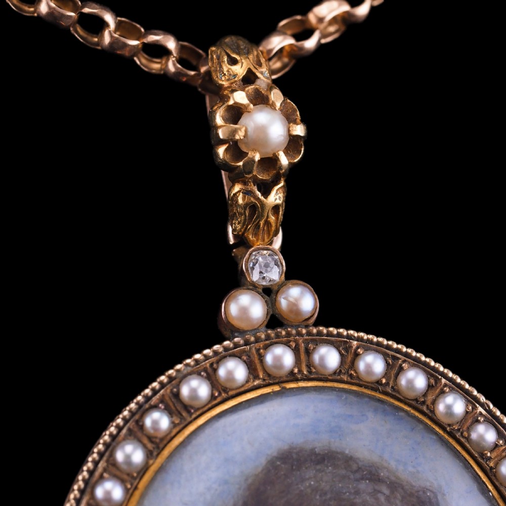 Antique Victorian Lady Portrait Pendant Necklace Pearls & Diamond 9ct Gold View XX