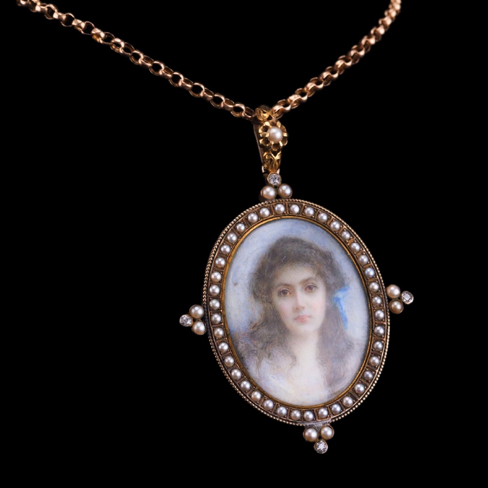 Antique Victorian Lady Portrait Pendant Necklace Pearls & Diamond 9ct Gold View XXIII
