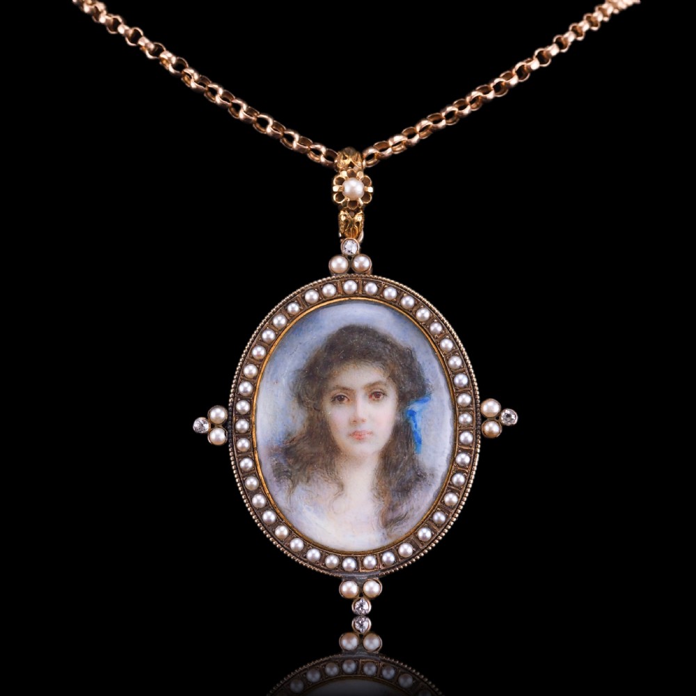 Antique Victorian Lady Portrait Pendant Necklace Pearls & Diamond 9ct Gold View XXIV