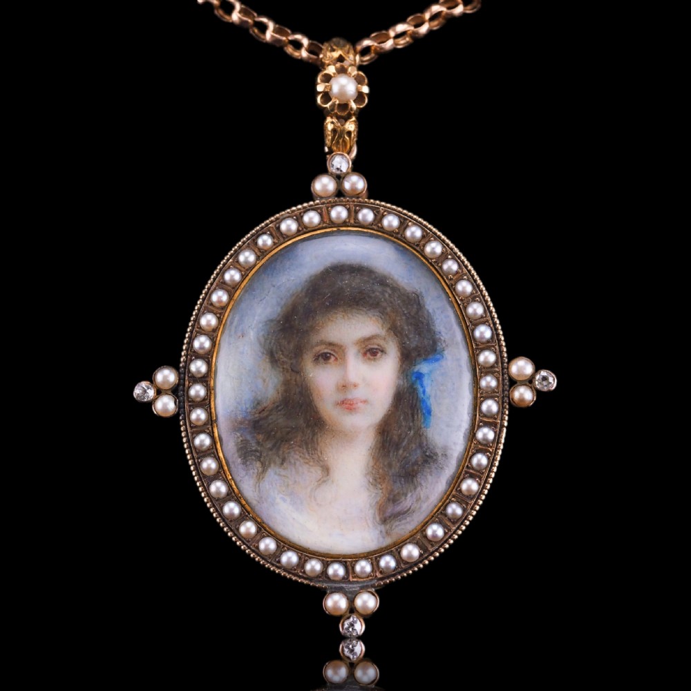 Antique Victorian Lady Portrait Pendant Necklace Pearls & Diamond 9ct Gold View XXV