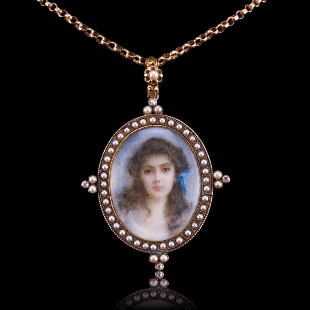 Antique Victorian Lady Portrait Pendant Necklace Pearls & Diamond 9ct Gold View XXVI
