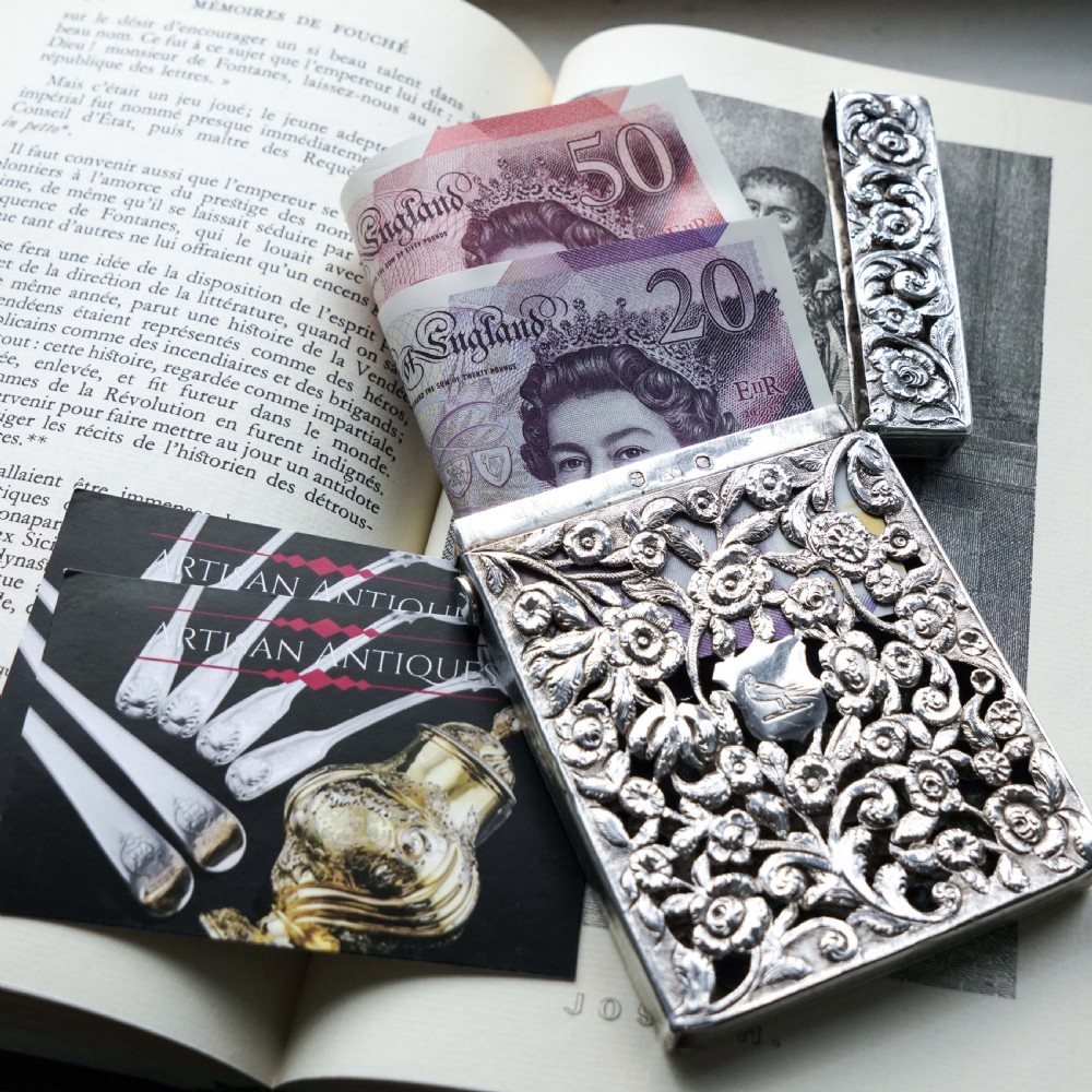 Magnificent Antique Victorian Solid Silver Card Case with Floral Chased and Pierced Motif - Francis Clark 1839 View II
