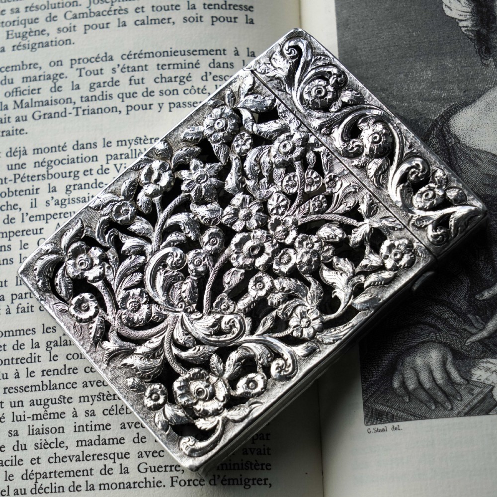 Magnificent Antique Victorian Solid Silver Card Case with Floral Chased and Pierced Motif - Francis Clark 1839 View III
