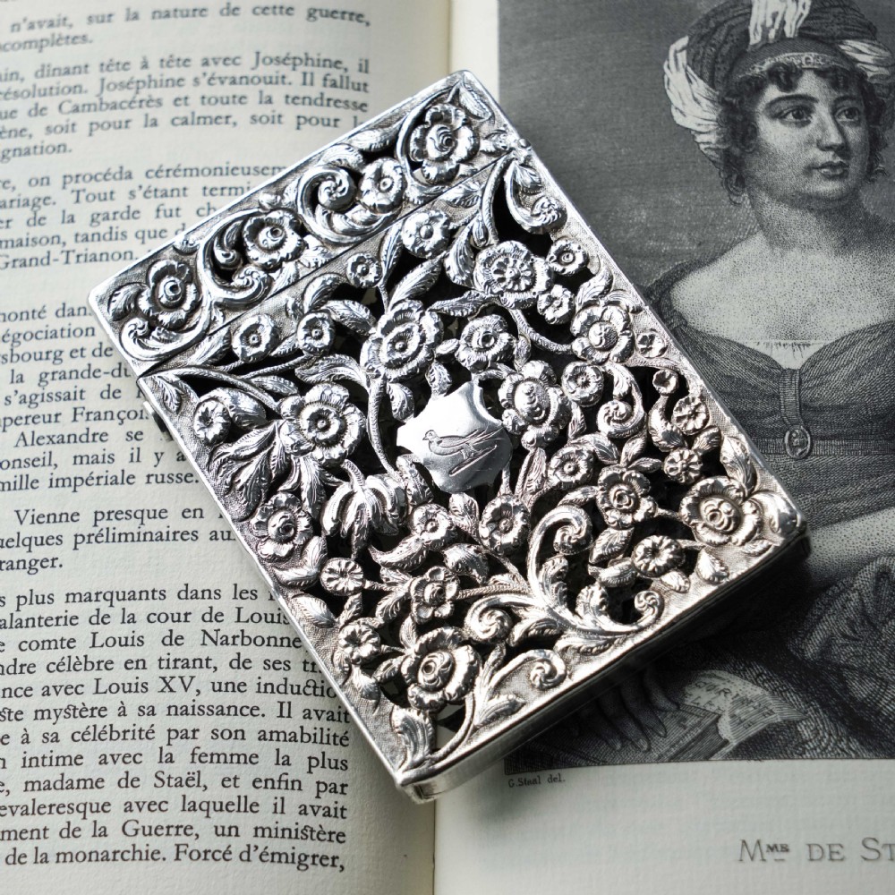 Magnificent Antique Victorian Solid Silver Card Case with Floral Chased and Pierced Motif - Francis Clark 1839 View V