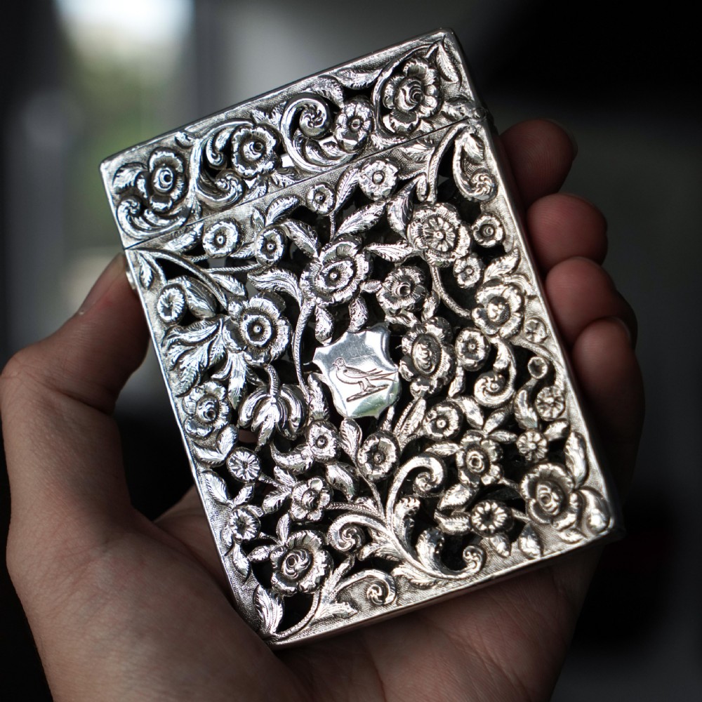 Magnificent Antique Victorian Solid Silver Card Case with Floral Chased and Pierced Motif - Francis Clark 1839 View VI
