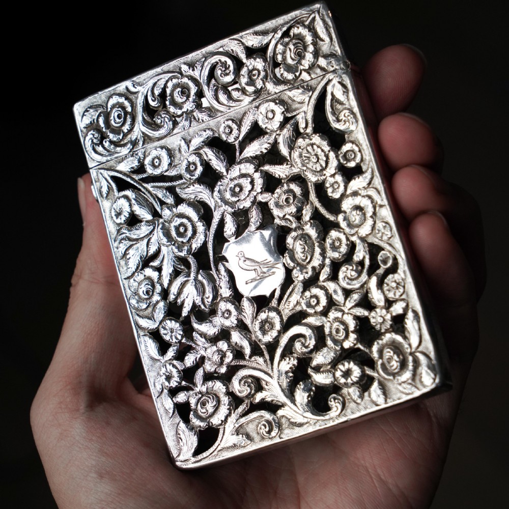 Magnificent Antique Victorian Solid Silver Card Case with Floral Chased and Pierced Motif - Francis Clark 1839 View VII