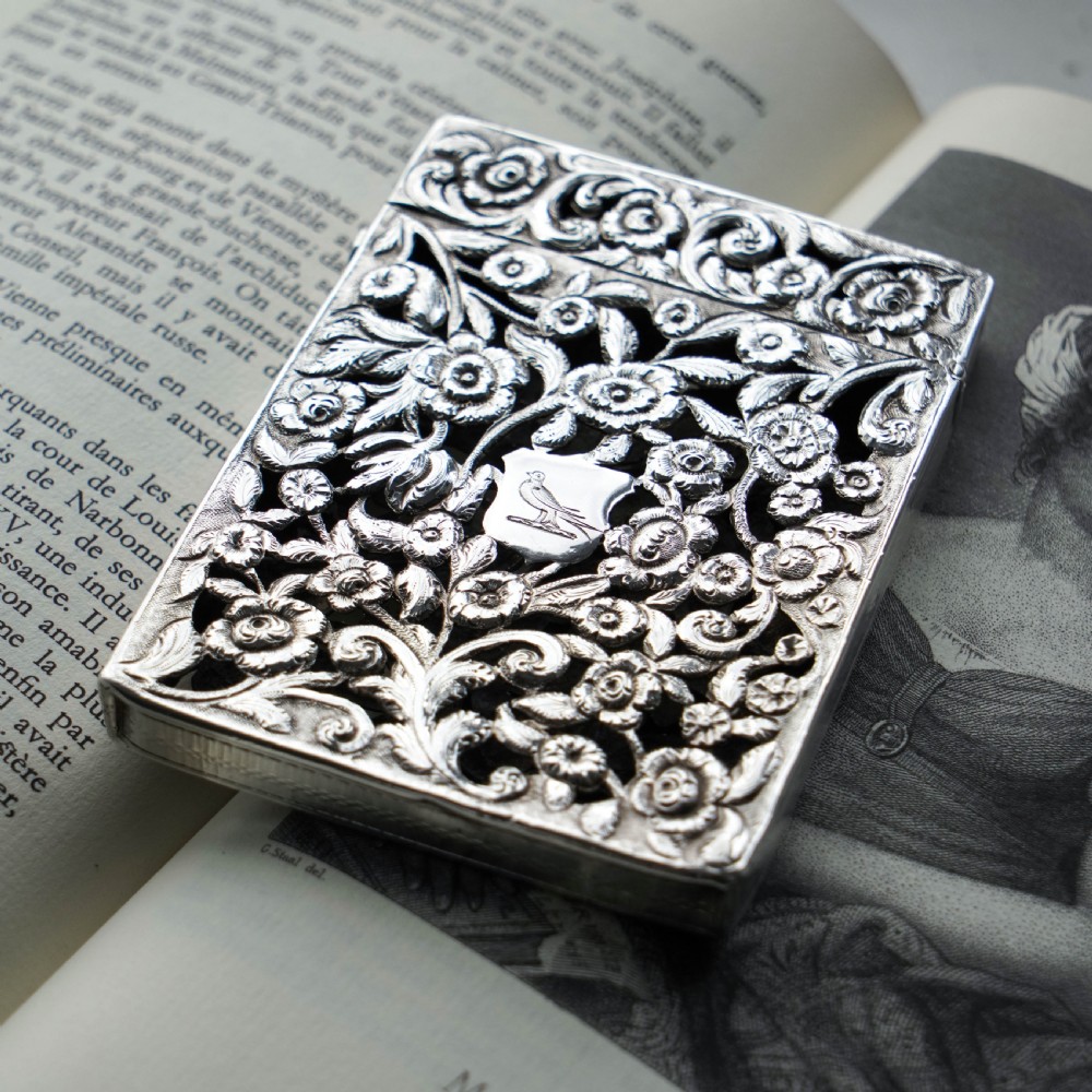 Magnificent Antique Victorian Solid Silver Card Case with Floral Chased and Pierced Motif - Francis Clark 1839 View VIII