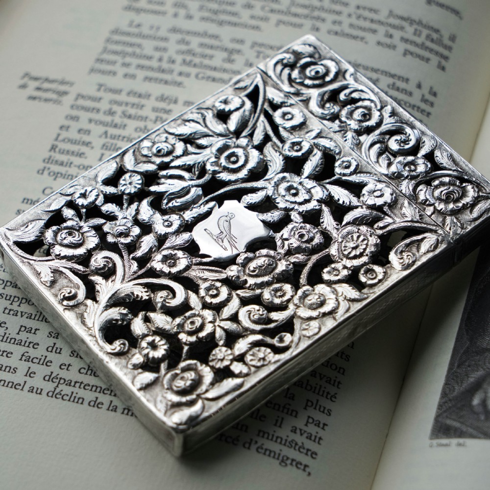 Magnificent Antique Victorian Solid Silver Card Case with Floral Chased and Pierced Motif - Francis Clark 1839 View IX