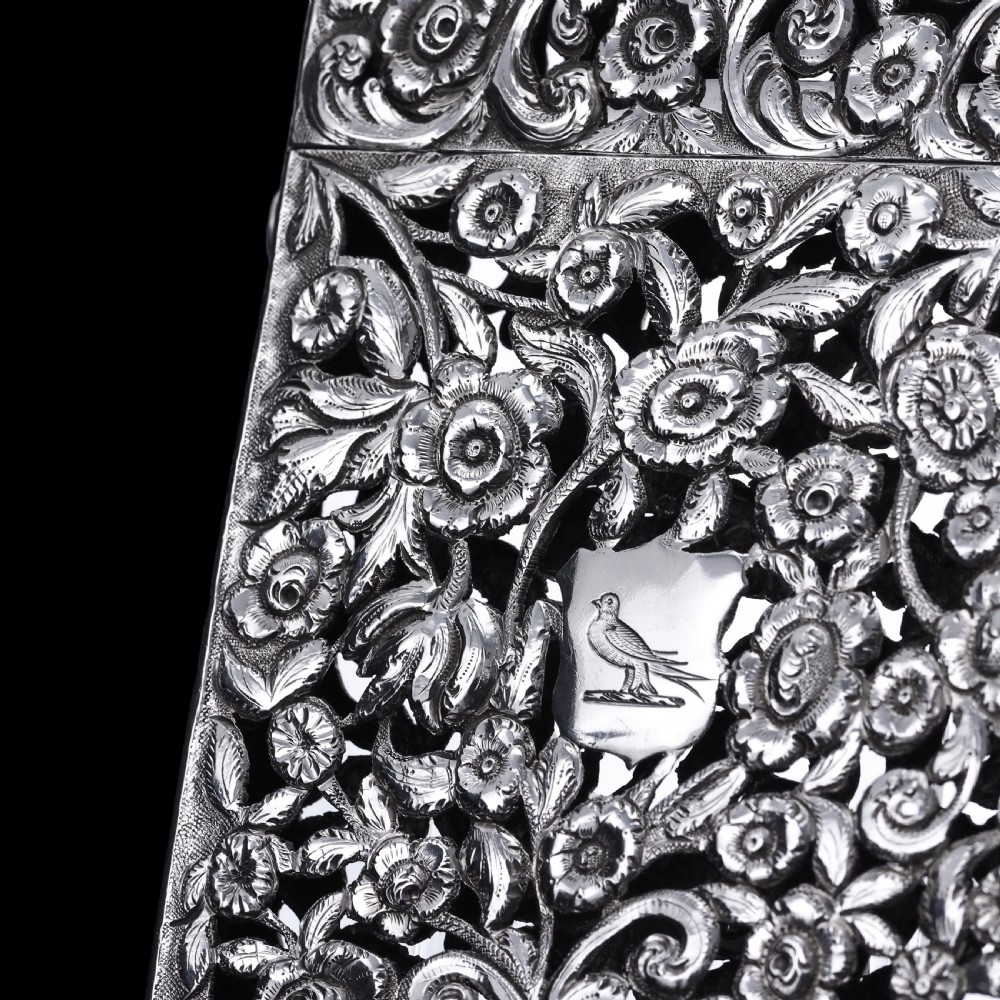 Magnificent Antique Victorian Solid Silver Card Case with Floral Chased and Pierced Motif - Francis Clark 1839 View XI